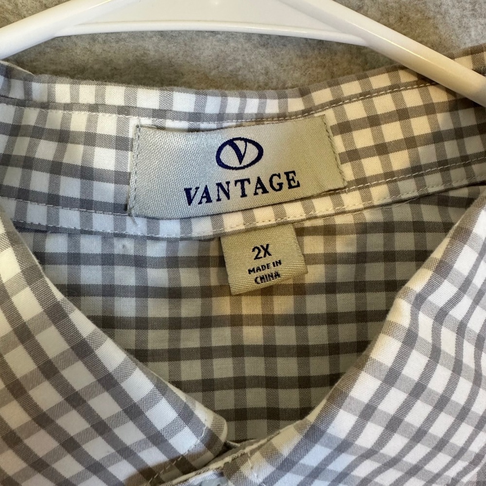 Vantage Mens 2X Grey Gingham Long Sleeve Button Down Shirt Bird Logo Pocket - Picture 2 of 12